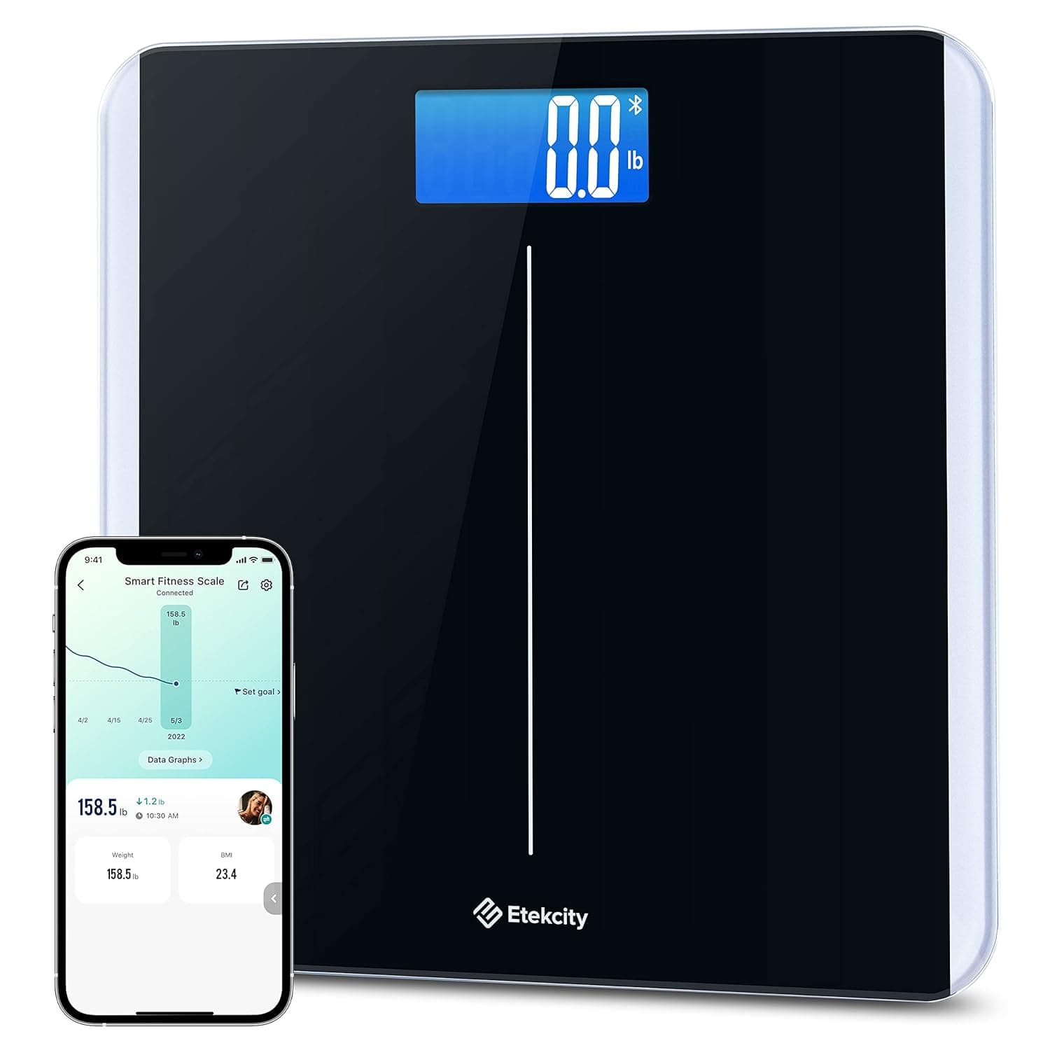 Etekcity Smart Scale front view with blue backlit display